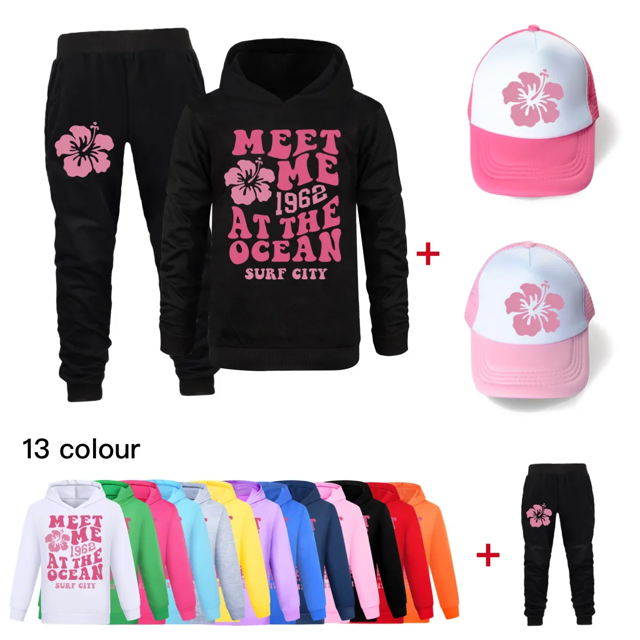 

Meet Me At The Ocean1962 Surf City Clothing Cotton Teen Hoodies Outfit Boy Hooded+Pants+Sunhat Sets For Kids Pullover Sweatshirt