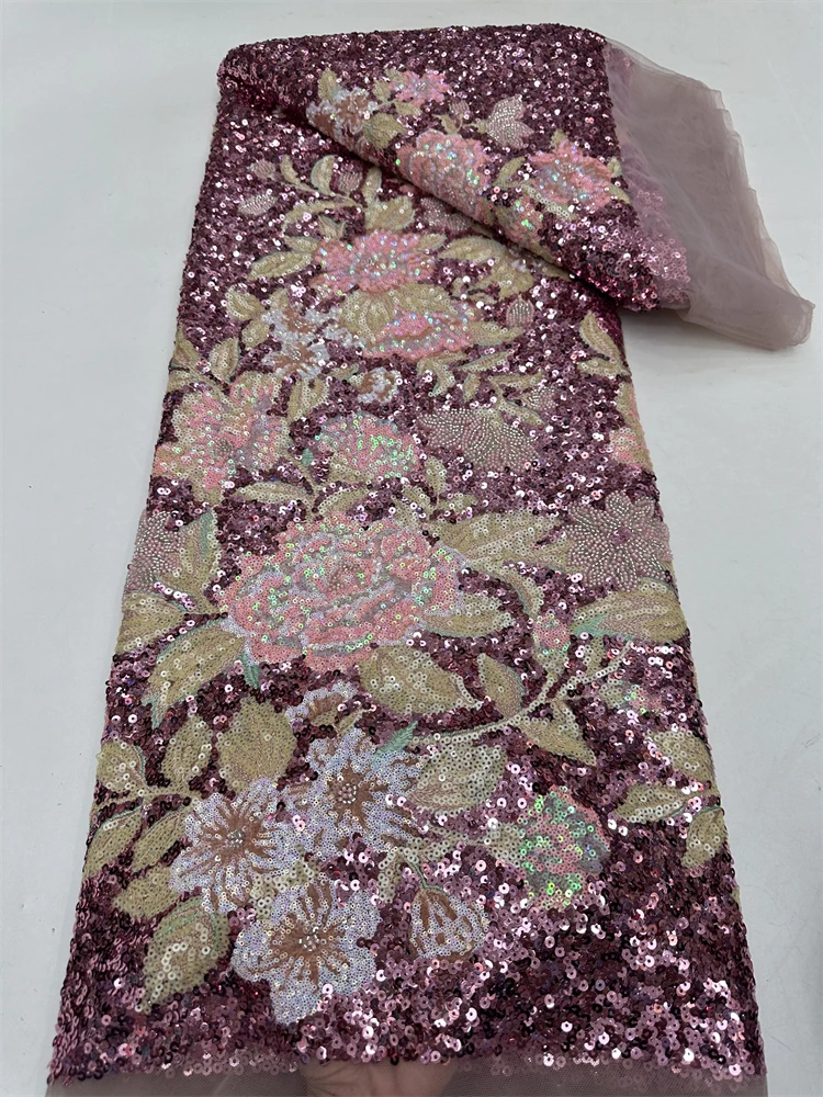 Luxury Hand Beaded Lace Fabric Bridal Fabric High-end Wedding Fabrics French Nigerian Sequins Beads Embroidered on Tulle 5 Yards