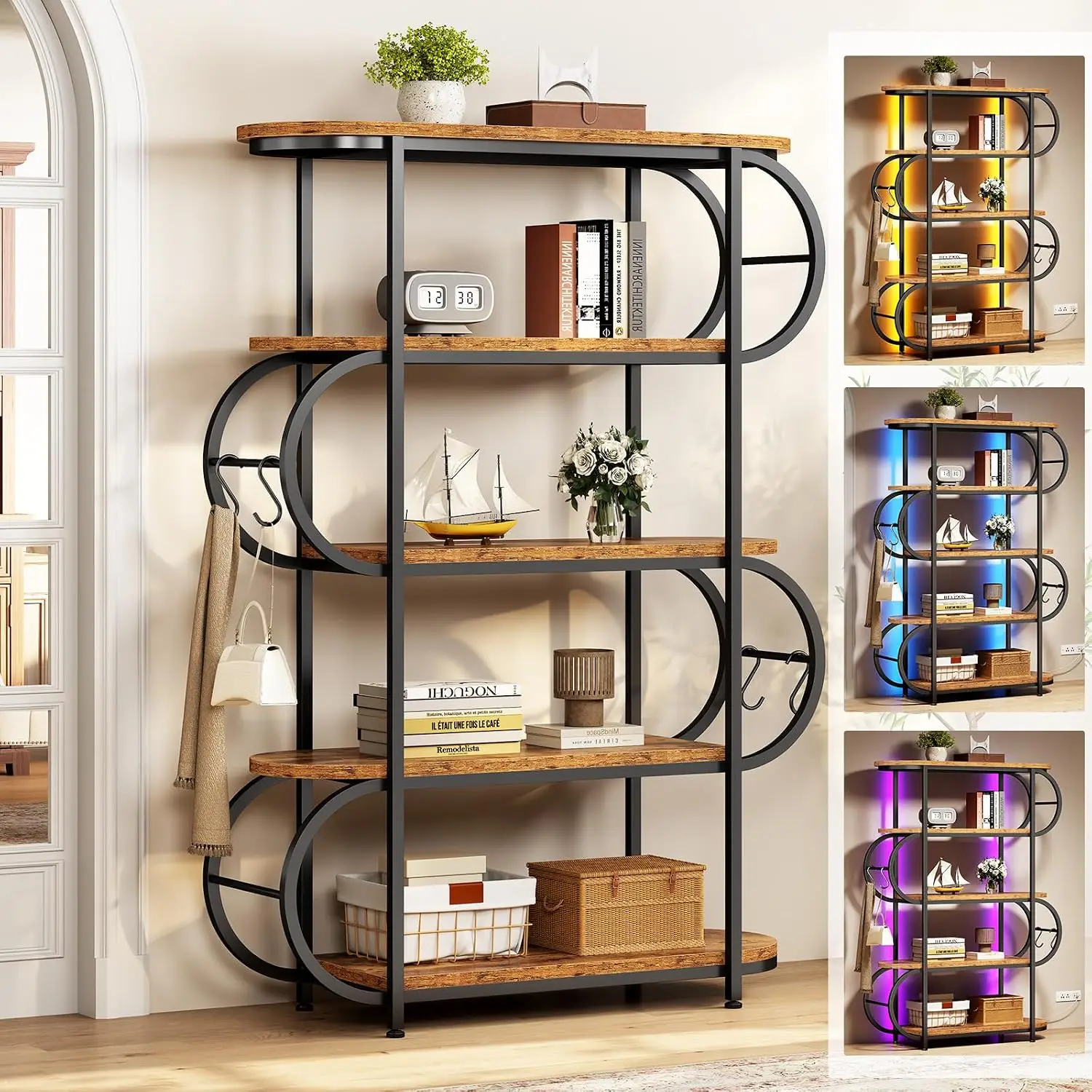 5 Tier Bookshelf with LED Light & Hooks, Rustic Brown Office Storage, Customized