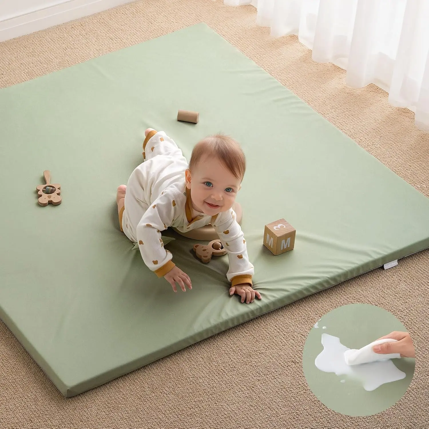 

47x47 Inch Vegan Leather Baby Play Mat, Thick Foam Cushioned & Waterproof Floor Mat for Infants and Toddlers