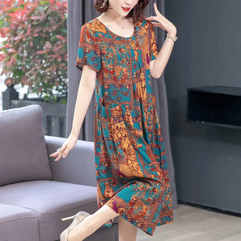 

Oversized Women Vintage Long Dress Summer New Big Size Print Loose Short Sleeve Female Midi Indie Folk Casual Pullover Robe 6XL