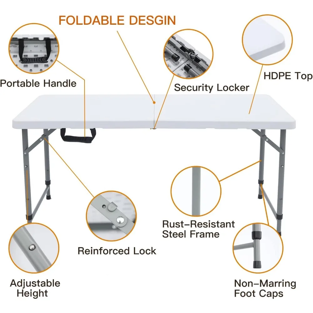 Mesa plegable de plástico portátil de 4 pies, mesa semipráctica, pequeña, interior y exterior, altura ajustable