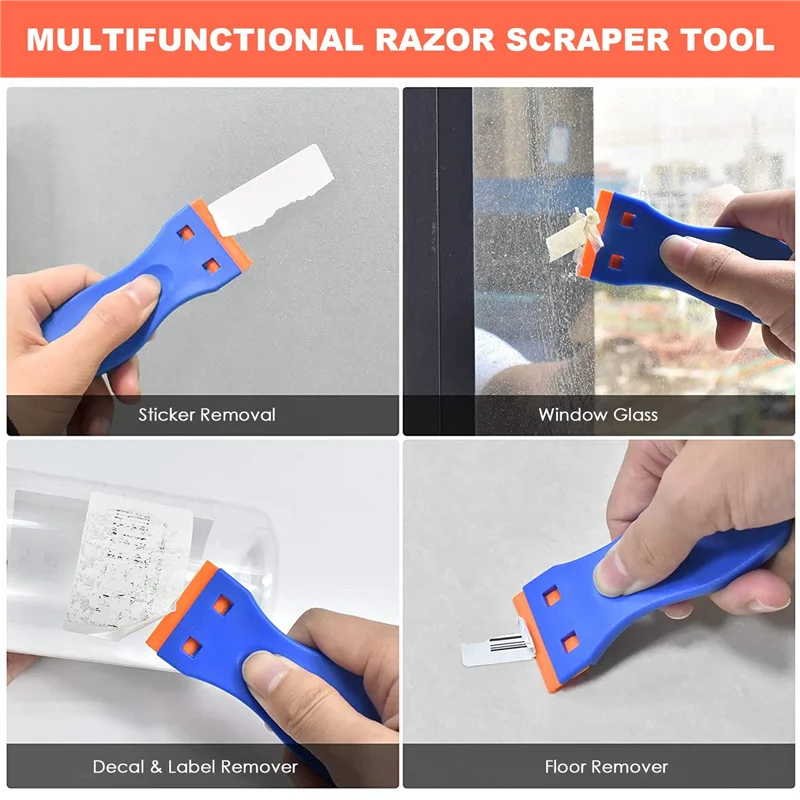 AAAC-4 Pcs Plastic Razor Blade Scraper And 200 Pcs Blades, Remove Label Decal Tool For Stickers, Gaskets And Paints On Window