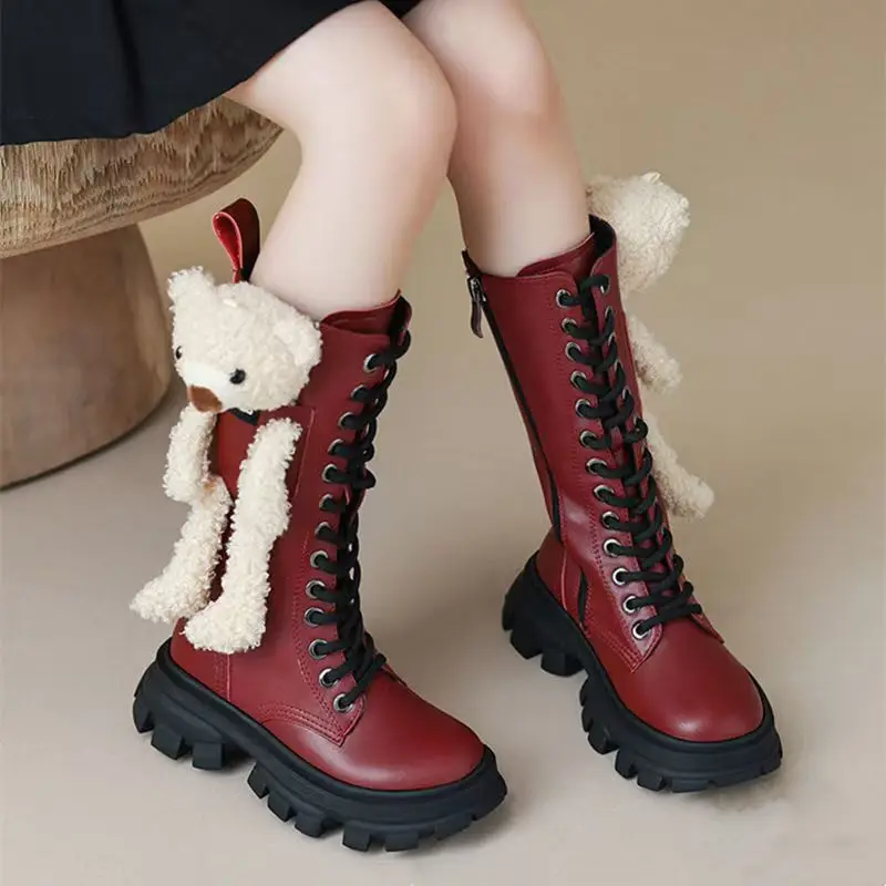 

Girls' winter high top cotton boots 2024 new children's plush warm little bear princess boots sizes 26-37