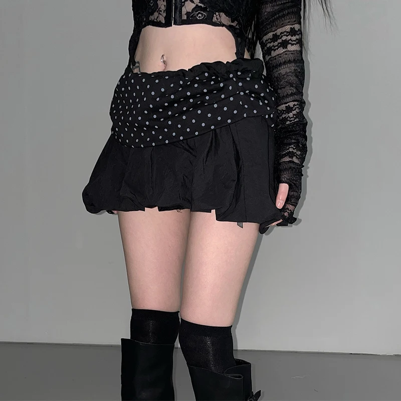 Retro Dots Printed Stitching Bud Skirt Pleated Bubble Skirt Half-Length Hot Girl Skirt Y2k Style
