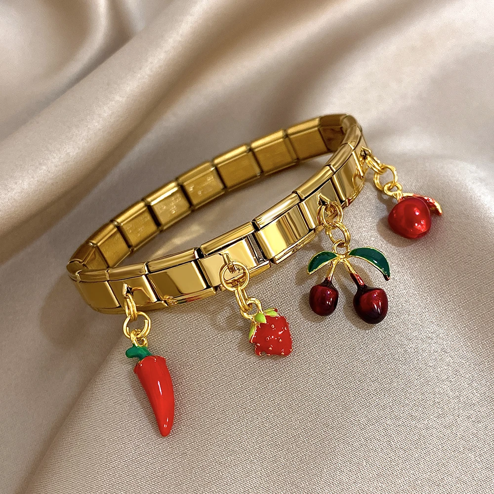 Greatera Fruits Series Stainless Steel Bangle For Women Chili Apple Cherry Strawberry Pendant Strap Bracelet Jewelry Gift Chic