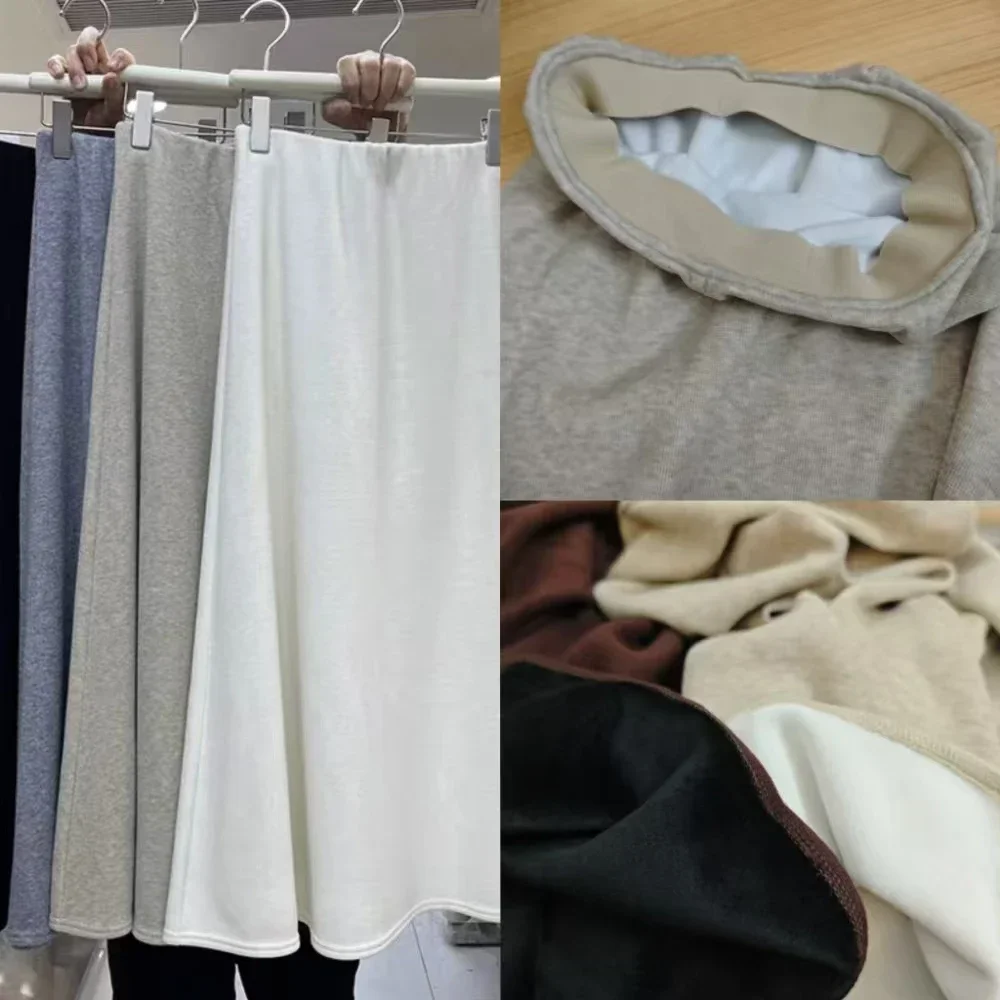 Women Winter Thick Solid Color Imitation Cashmere Skirt A-line Long Skirt Warm with Wool