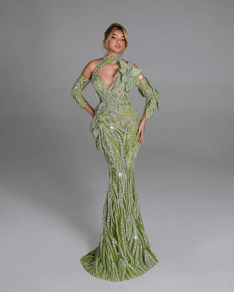 Gorgeous Crystal Evening Dresses Sequins Prom Gown Mermaid Party Dresses Long Sleeves Customize Vestidos de noche