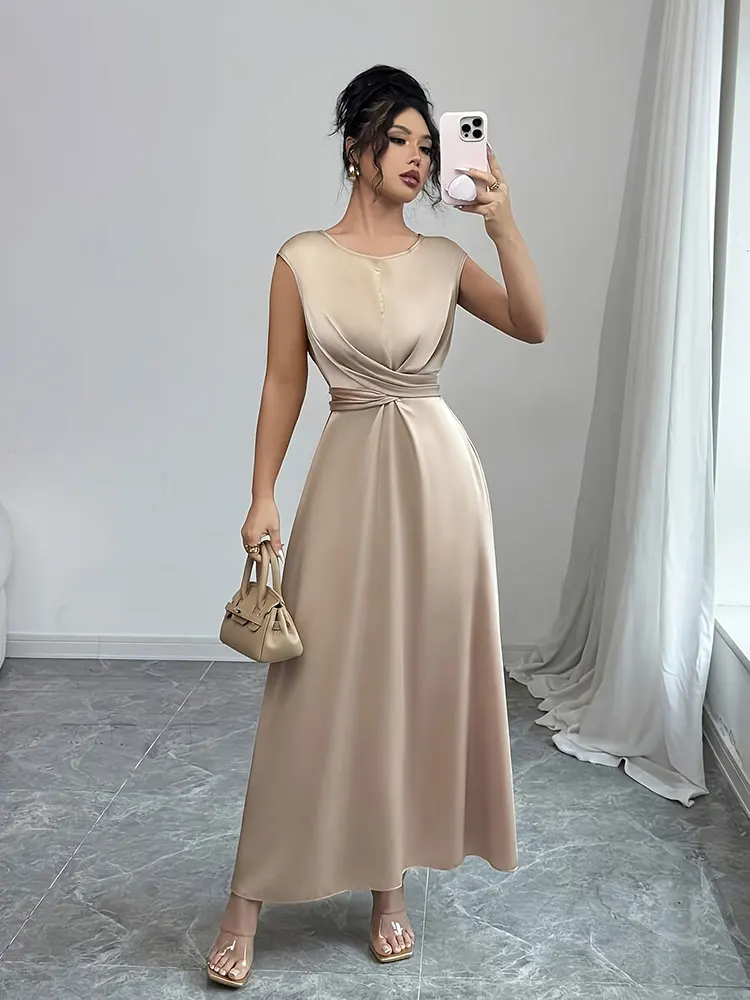 فستان نسائي جديد أنيق برقبة دائرية بدون أكمام بقصة ضيقة وحزام ربط من الساتان ملابس أنثوية فساتين حفلات أنيقة