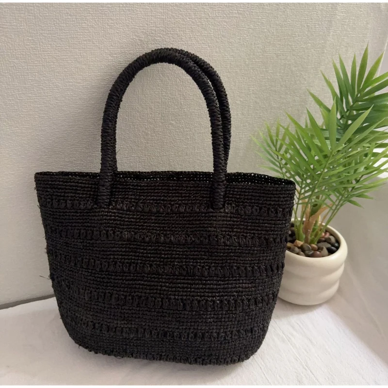 Einfarbige gewebte Handtasche, leichte Damen-Umhängetasche mit großem Fassungsvermögen, japanische Sommer-Strand-Urlaubstasche, lässige Pendler-Tragetasche – Detail 9