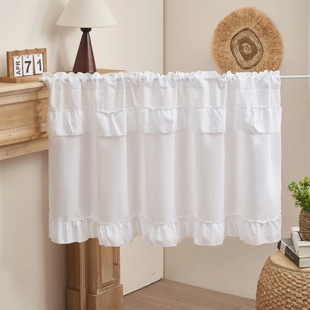 American Pastoral Style Ruffled Edge Kitchen Cabinet Short Curtain Through-shaft Design Light-blocking Short Window Drapes