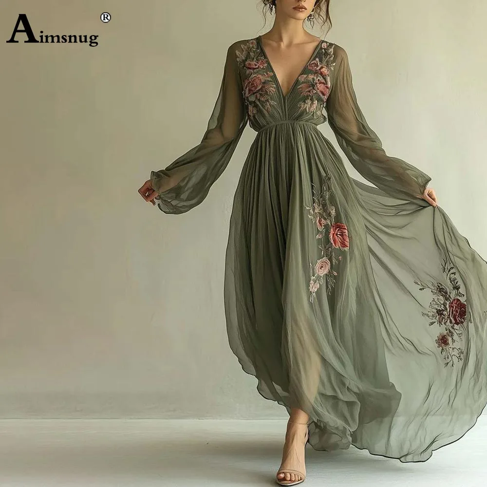 2025, Damen-Kleid mit Boho-Blumenperspektive, neues Sommer-langes Maxikleid, Übergröße, Damen, Vintage, schlichtes Mesh-Kleid mit tiefem V-Ausschnitt