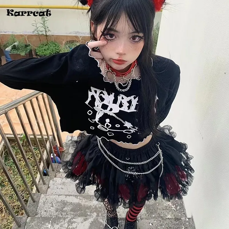 Karrcat Punk Gothoc Crop Tops Fairy Grunge T Shirts E-girls Y2k Tops Harajuku Car Printed Hollow Out Long Sleeve Tee Shirt Emo