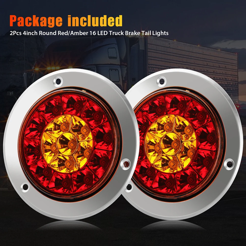 2Pcs 12V 24V Round LED Red Yellow Tail Lamp Brake Rear Bumper Turn Signal Fog Running Light For Trailer Truck RV