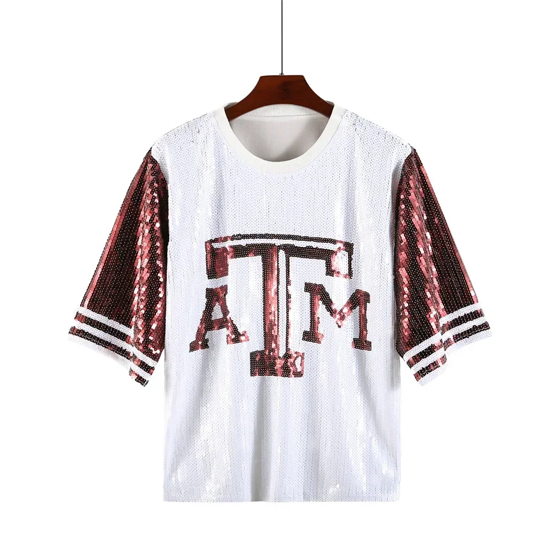 

Spring Summer New Women's Letter Fashion Streetwear Loose T-Shirt Sequins Hip Hop Straight Short Sleeve Round Neck Tops