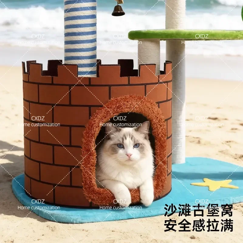 Cat Tree with Coconut Tree and Sand Castle Design Multi Level Climbing Frame with Scratching Posts and Jumping Platform