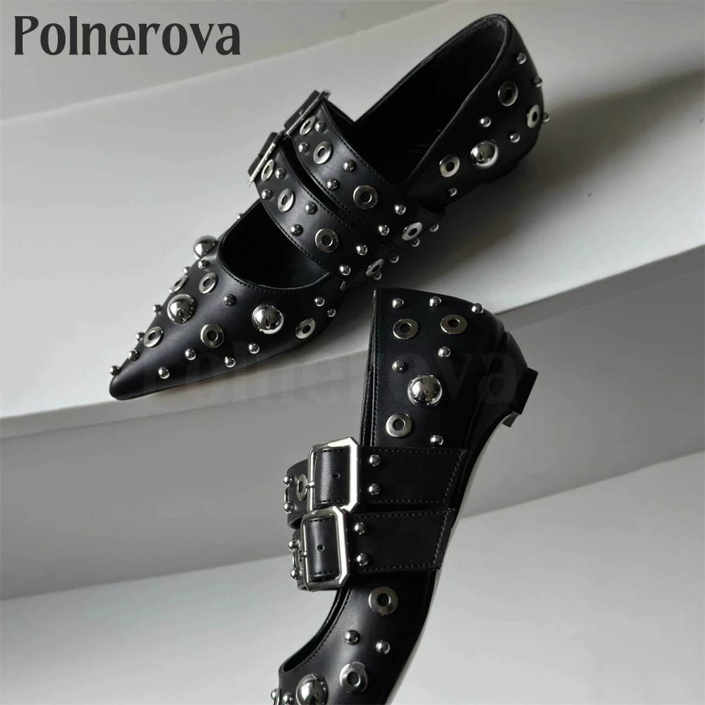 Silver Beaded Double Buckle Flats Sexy Punk Pointed Toe Ballerinas Black Matte Leather Metal Accessories Women's Handmade Shoes