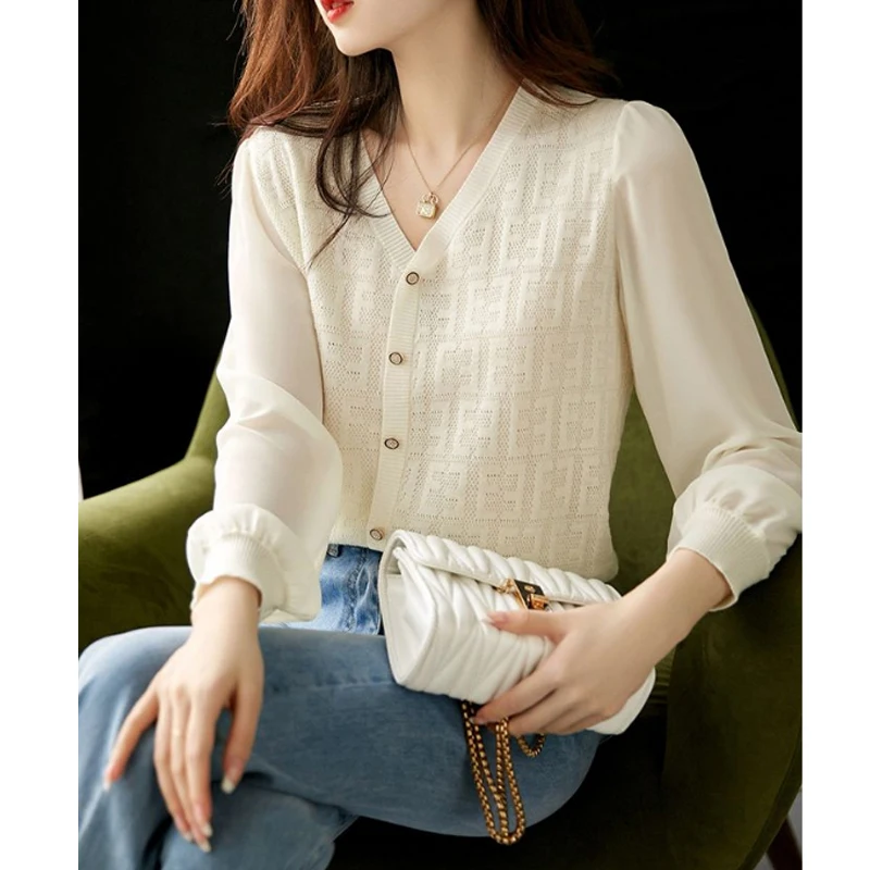 Women Hollow Patchwork Elegant Knitwear Korean V Neck Long Sleeve with Button Pullover Knit Top Female Chic Sweet Casual Blouses