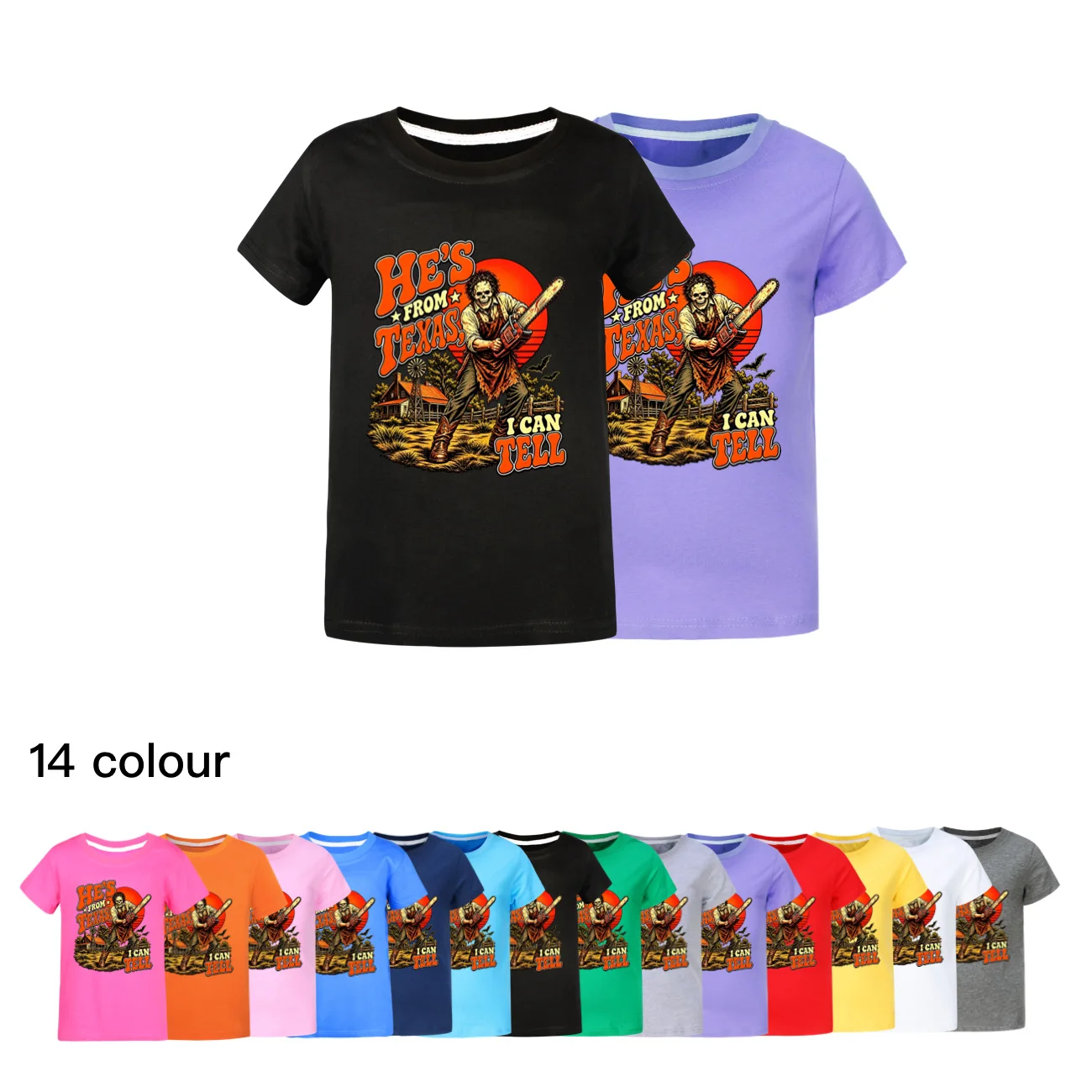 Novelty Spooky Halloween Chainsaw He S From Texas I Can Tell Kids High Quality Short-sleeved T-Shirt Girl Boys Short Sleeve Tops