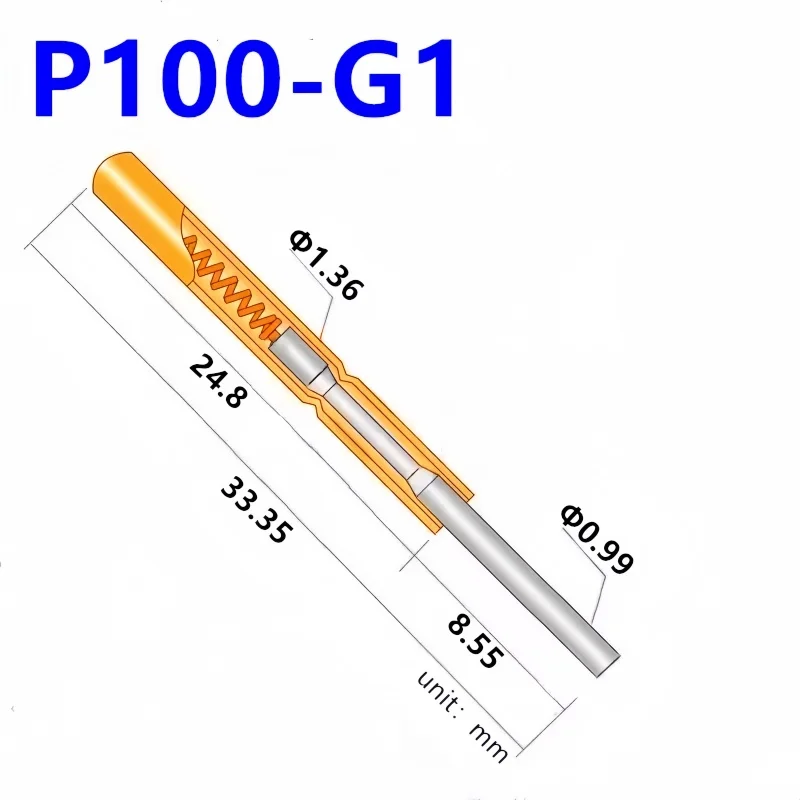 

20/100PCS P100-G1 Spring Test Probe Pogo Pin Spring Test Pin Length 33.35mm Needle Dia 1.36mm Test Probe Head Dia 0.99mm P100-G