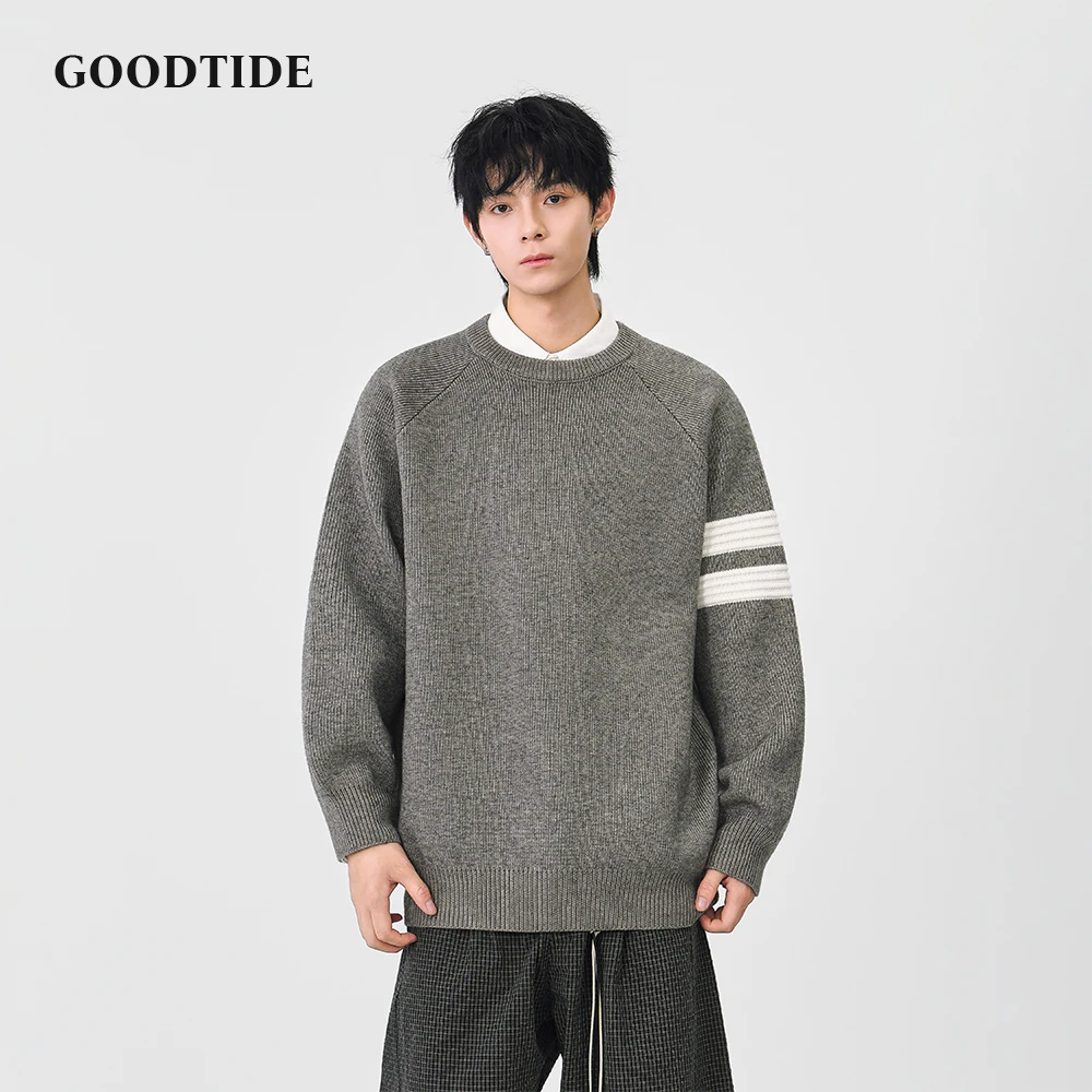 2025 Winter Fashion Men's Casual Crew Neck Sweater Stripe Sleeve Raglan Sleeve Knitted Pullover Soft Long Sleeve Jumper Top