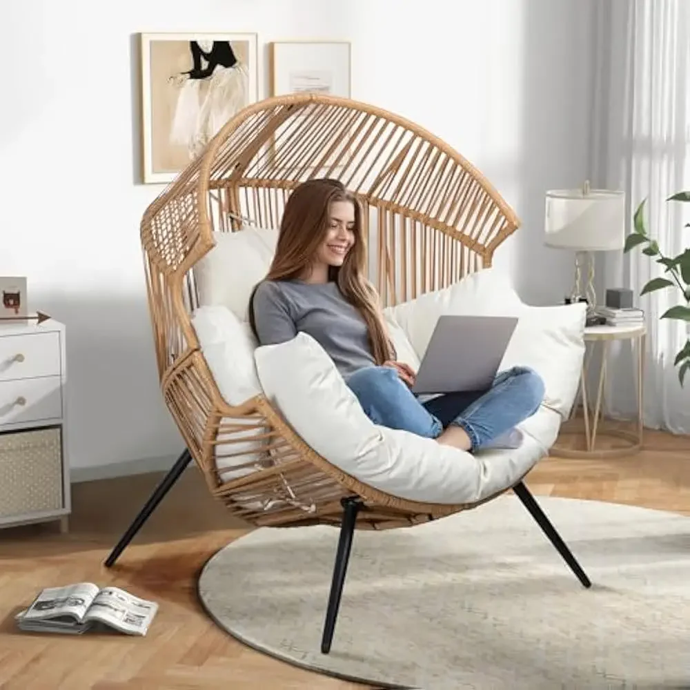 Chaise à œufs suspendue d'une capacité de 350 LBS, avec support et appui-tête avec coussin, chaise à œufs à double chaînes en rotin et osier, pour Patio, porche, chambre à coucher