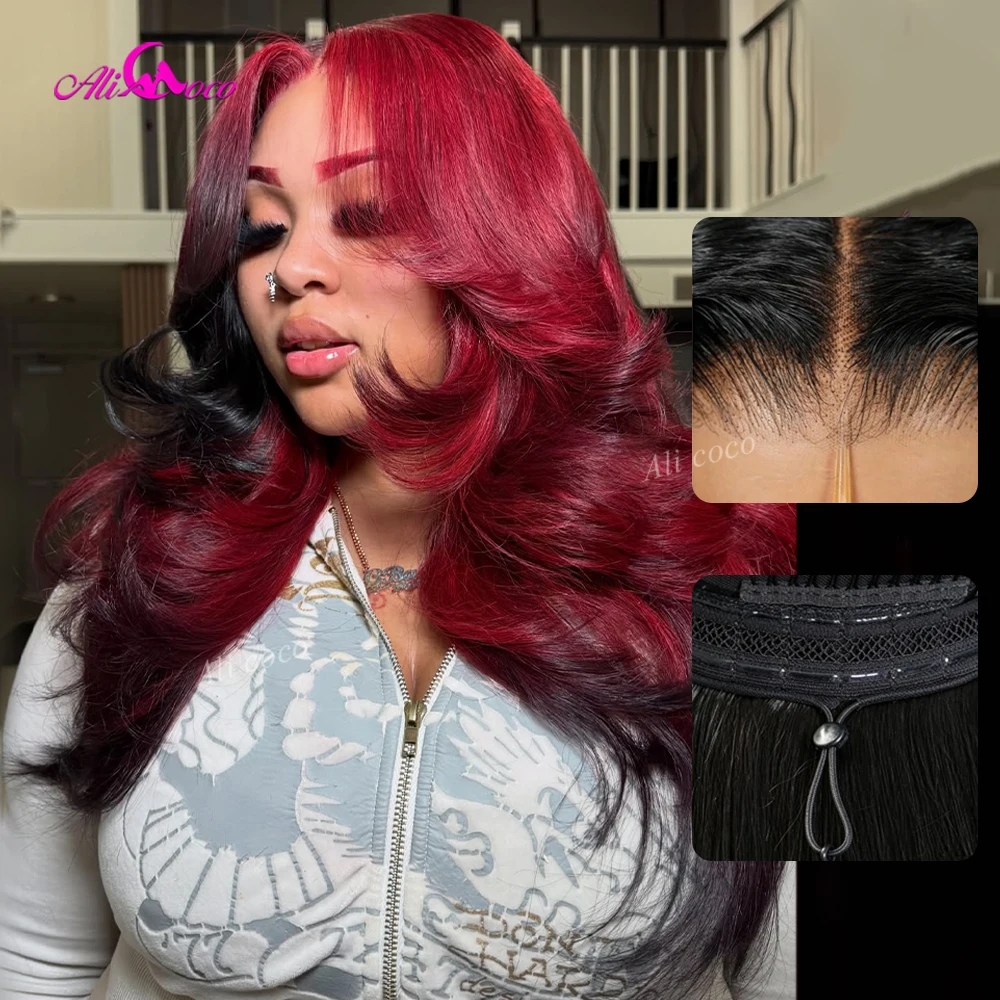 Ombre Burgundy with Natural Black Colored 13x6 Drawstring New Upgrade 200 Density Body Wave Wig Lace Front Remy Human Hair