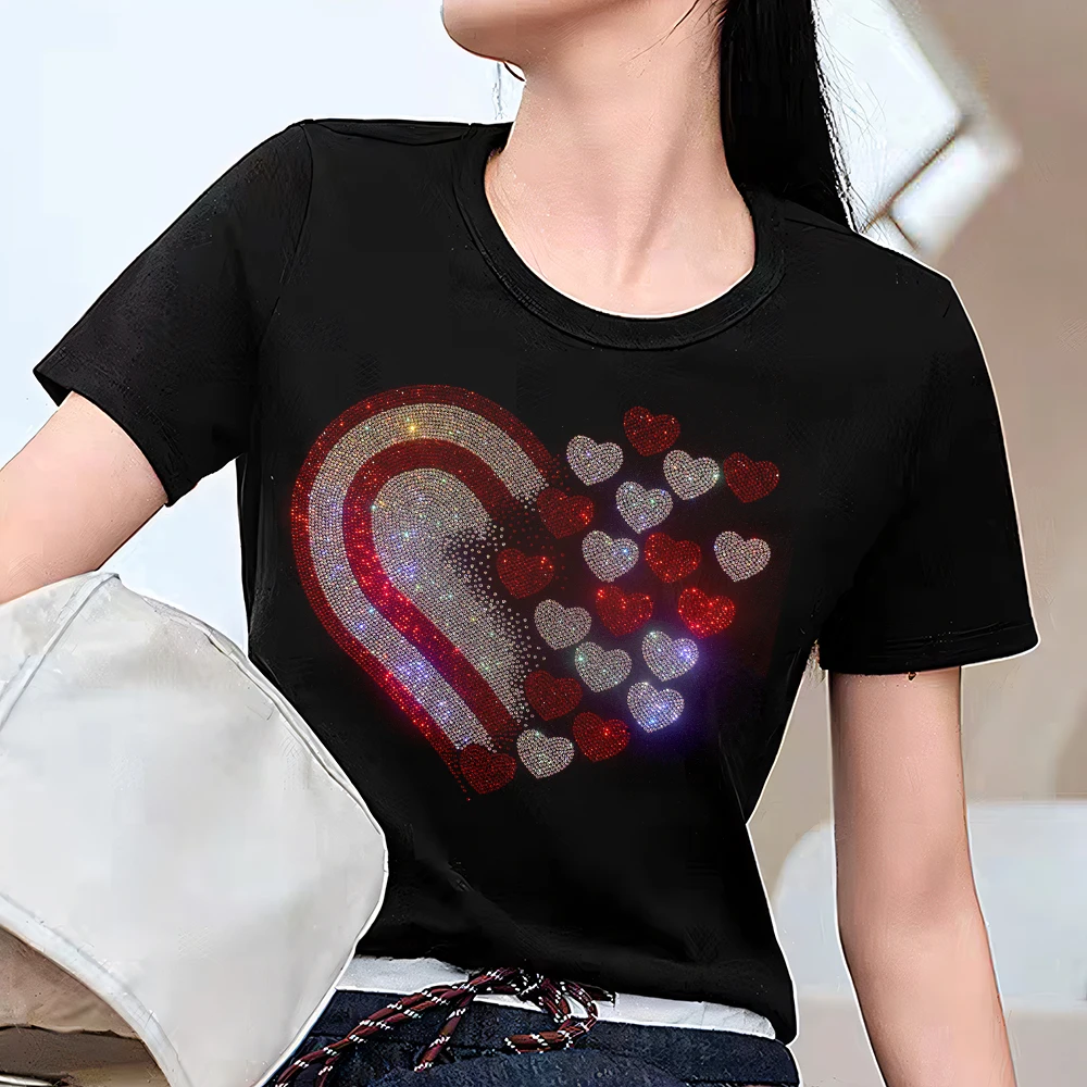 

Summer Women's Fashion Rhinestone T-Shirts Sparkle Crystal Design Breathable Cotton Short Sleeve Tee Casual Party Tops (S-4XL)