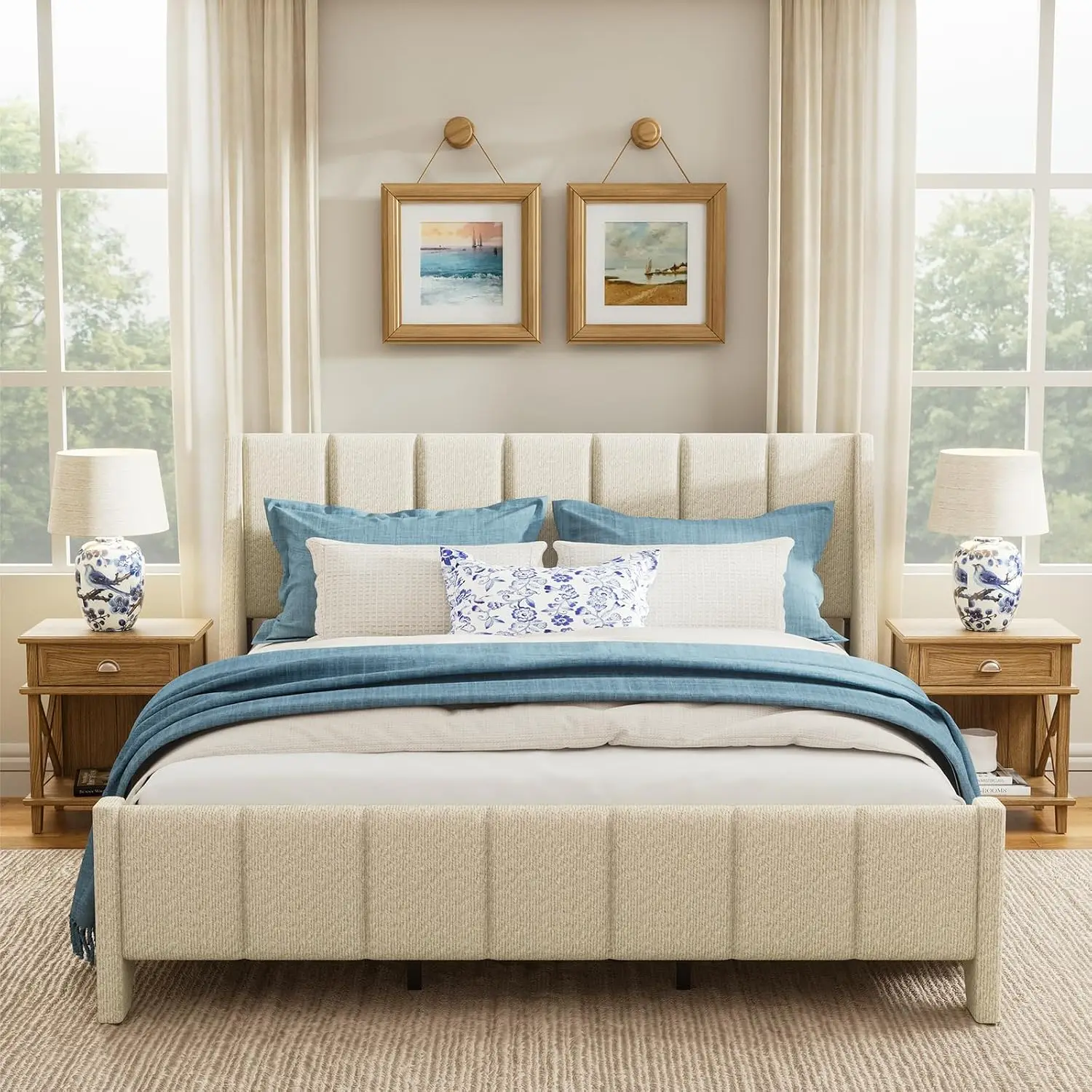 Boucle Upholstered Platform Bed with Wingback Headboard, Wooden Slats, No Box Spring, Easy Assembly, King, Customized