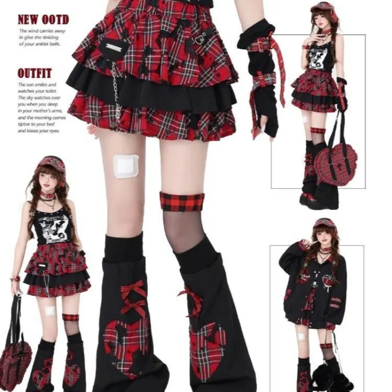 

Y2k Gothic Punk Rock Women Red Grid Cake Mini Skirt Pleated Skirt Vintage Ruffle Skirts Esthetics Korean Fashion Clothing Summer
