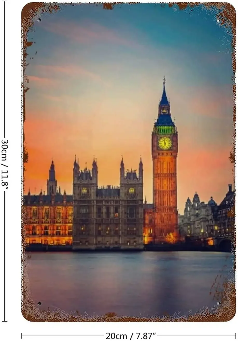 Fairy View of Big Ben and Houses of Parliament at Dusk in London British Urban Town,Tin Sign Wall Iron Painting Wall