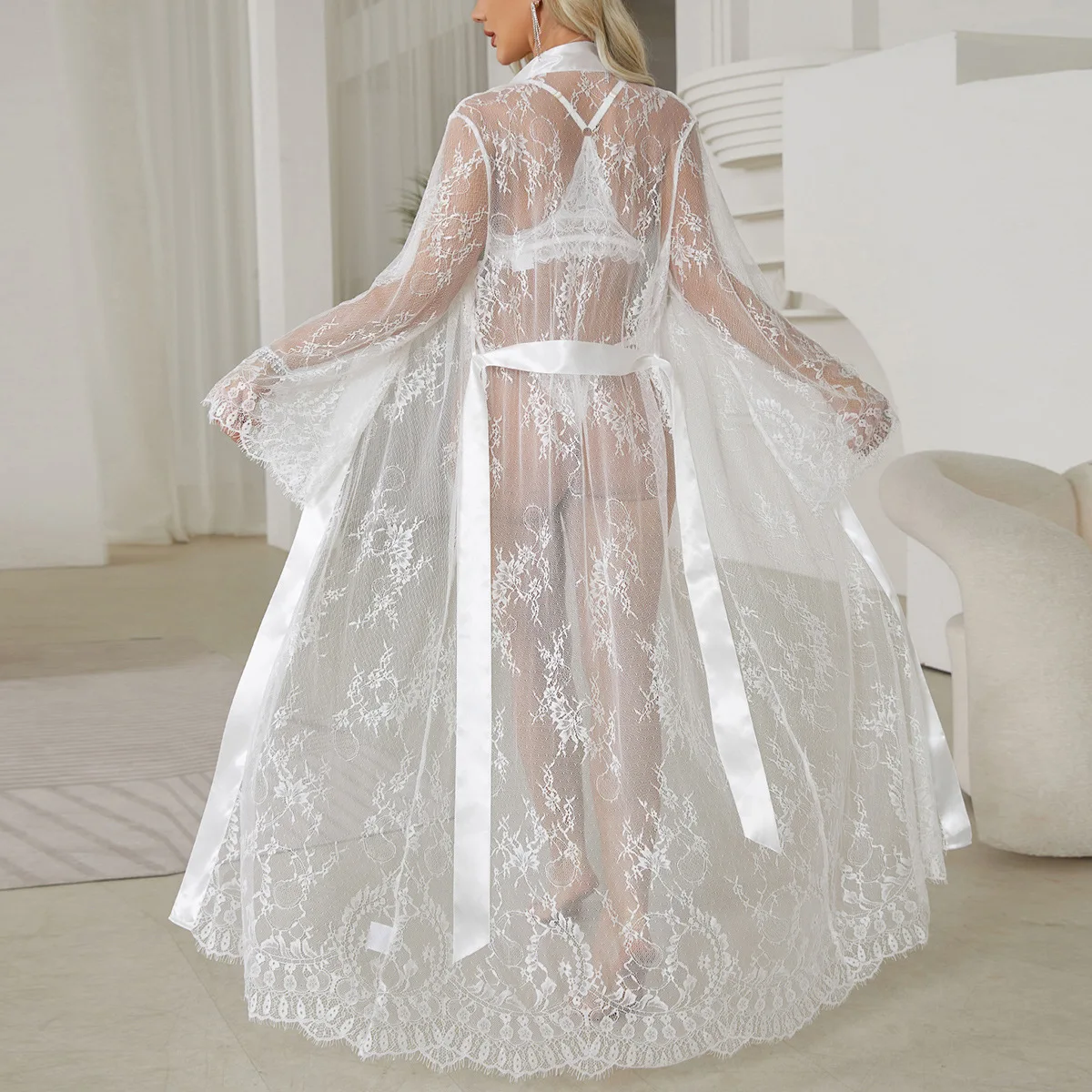 Women's Perspective Chiffon Long Robe Mesh Kimono Bathrobe Sleepwear Home Dress Loose Casual Lounge Wear