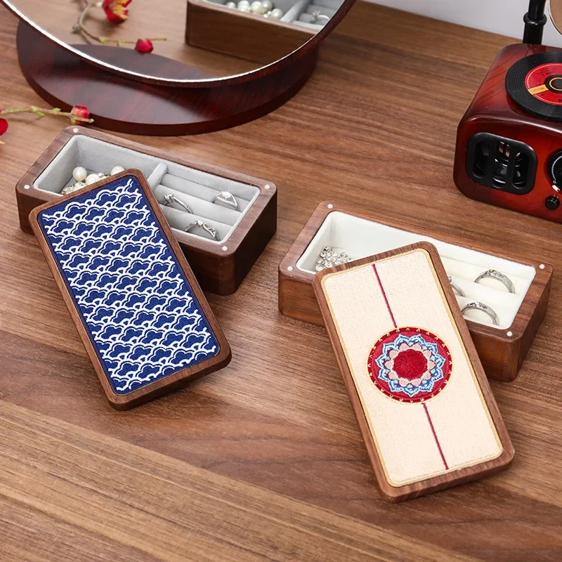 HeMu Magnetic Closure Embroidered Wooden Jewelry Box, Portable Mini Organizer for Rings, Earrings, Necklaces and Bracelets