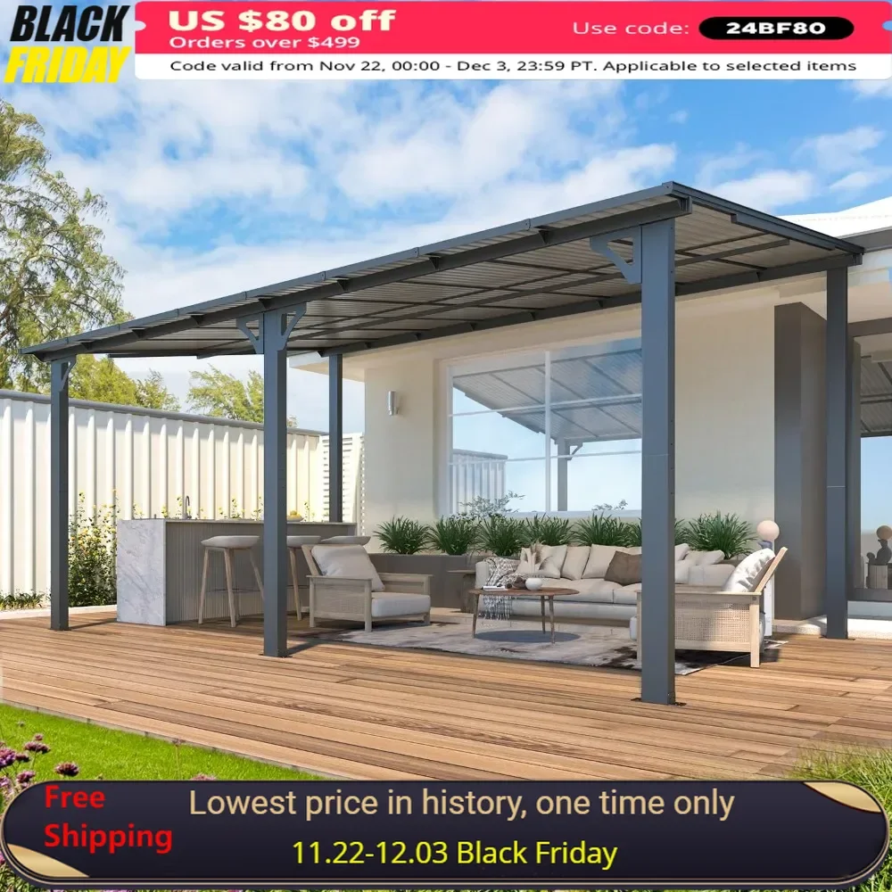 16' X 10' Gazebo Outdoor Pergola for Patio, Wall-Mounted Hard Top Lean To Metal Gazebo Shelter Pergolas and Gazebos Clearance