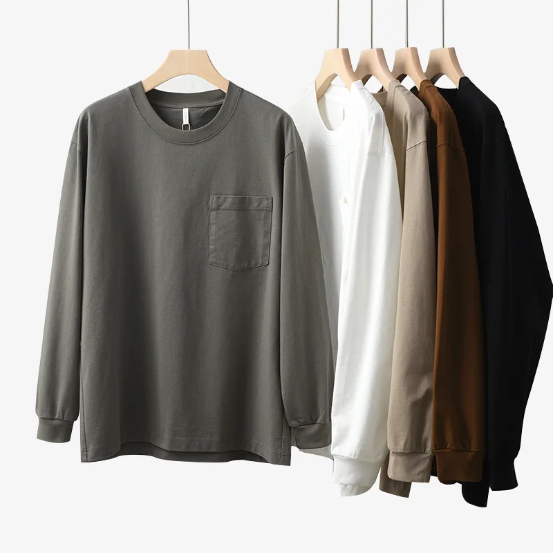 

Double Weave Pure Cotton Long Sve round Ne Basic T-irt Men's Full Cotton Spring Autumn Sle Faion Urban Loose Fit T...