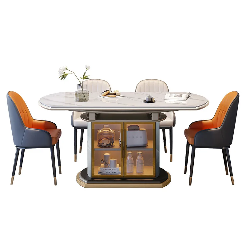Light luxury rock slab dining table Modern simple variable round table Storage dining table Household small apartment telescopic