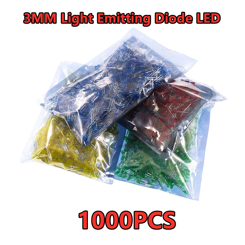 1000PCS 3MM Light Emitting Diode LED light with bright white blue red green yellow, orange pink round head DIP lamp bead