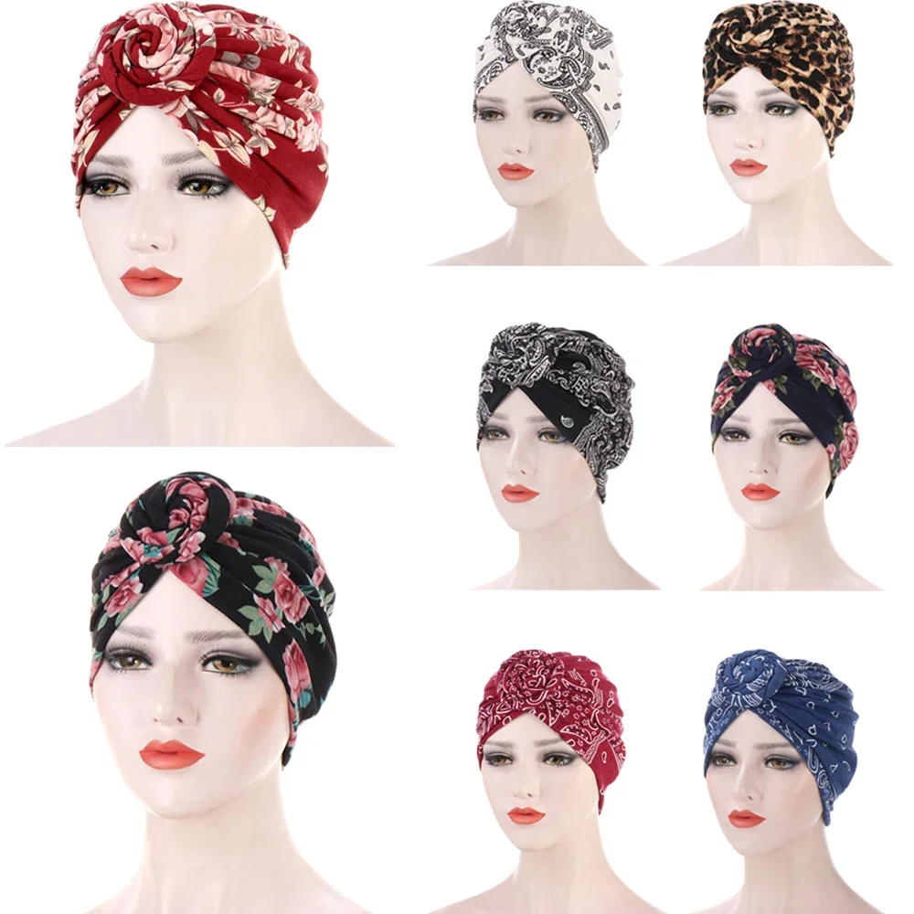 

Fashion Floral Printed Muslim Hijab Turban Round Top Knot Bonnet Hat Flower Head Cover Headscarf Bohemian Women Muslim Cap 2024