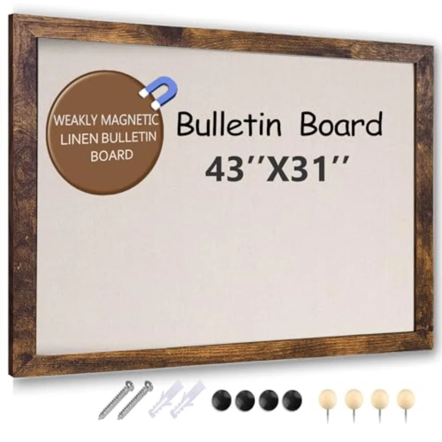 

Large Magnetic Bulletin Board 43 x 31 Inch for WallRustic Framed Cork Board with Linen for Home Office School with 4 Push pins