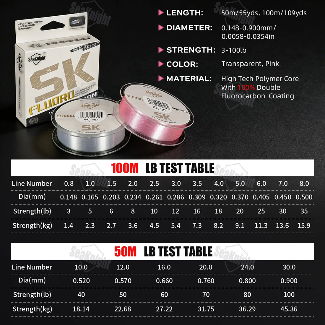 SeaKnight   SK- Bass Leader-Line  0.8#-30.0# Fluorocarbon Line 1.4-45.36KG   Pink Line  Carbon Line  0.148mm-0.90mm