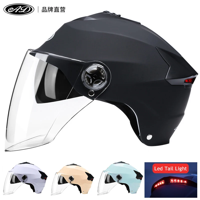 AD-cascos de motocicleta para hombre protector de doble lente para vehículo Scooter medio casco LED ligero para ciclismo