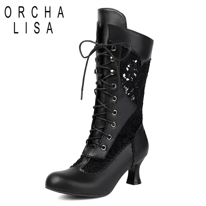 

ORCHA LISA 2025 Design Women Mid Calf Boots Round Toe Strange Heels 5.5cm Lace Up Large Size 45 46 47 48 Sweet Daily Summer Bota