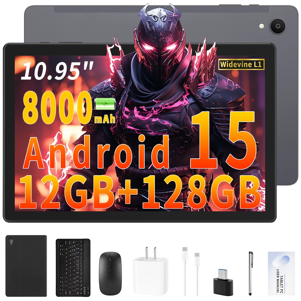 ANRY Tablets, 2025 Android 15 Tablet 10.95 Polegadas Octa-Core, 12GB RAM + 128GB ROM, 8000mAh Bateria Office Tablet Computer Widevine L1