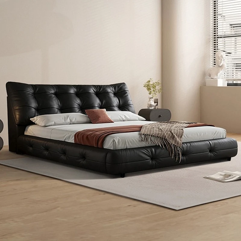 #Italian Luxury High-End Double Bed Minimalist Leather Up-Holstered Master Bedroom Bed