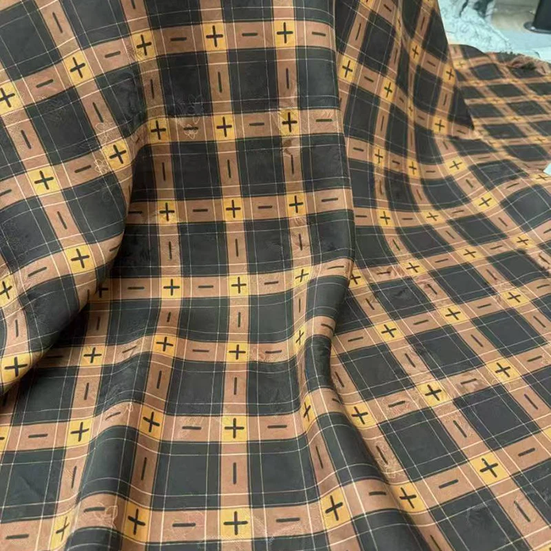 Soft Silk Fabric for DIY and Sewing Dress Pants Pajamas Black and Brown Checks Printed Hualuo Silk Fabric R7143