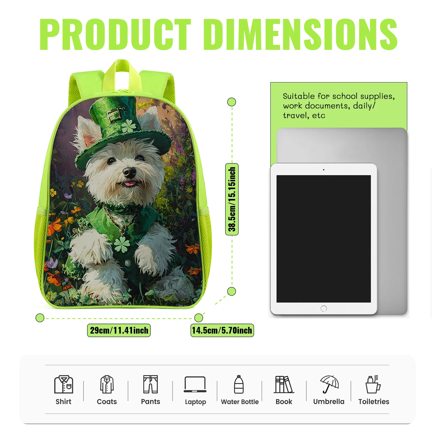 Cute Green Dog Puppy Backpack Lightweight School Bookbag with Clover Hat Flower Print Adjustable Padded Straps