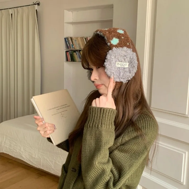 Women Color Block Polka Dot Knit Earmuffs Winter Curly Plush Ear Warmers Strap Cute Label Decor Korean Style Windproof Ear Muffs