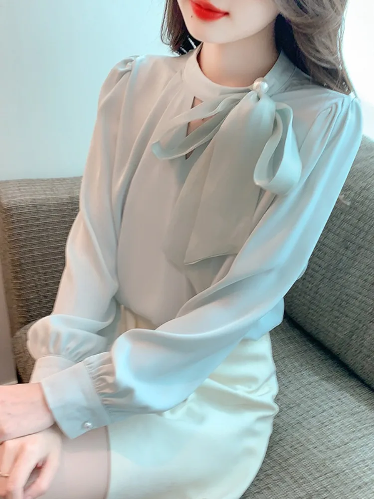 

Silk Satin Drapey Long Sve Women's irt Knot Loose Fit Korean Sle Commute Faion Single Piece Spring 2025