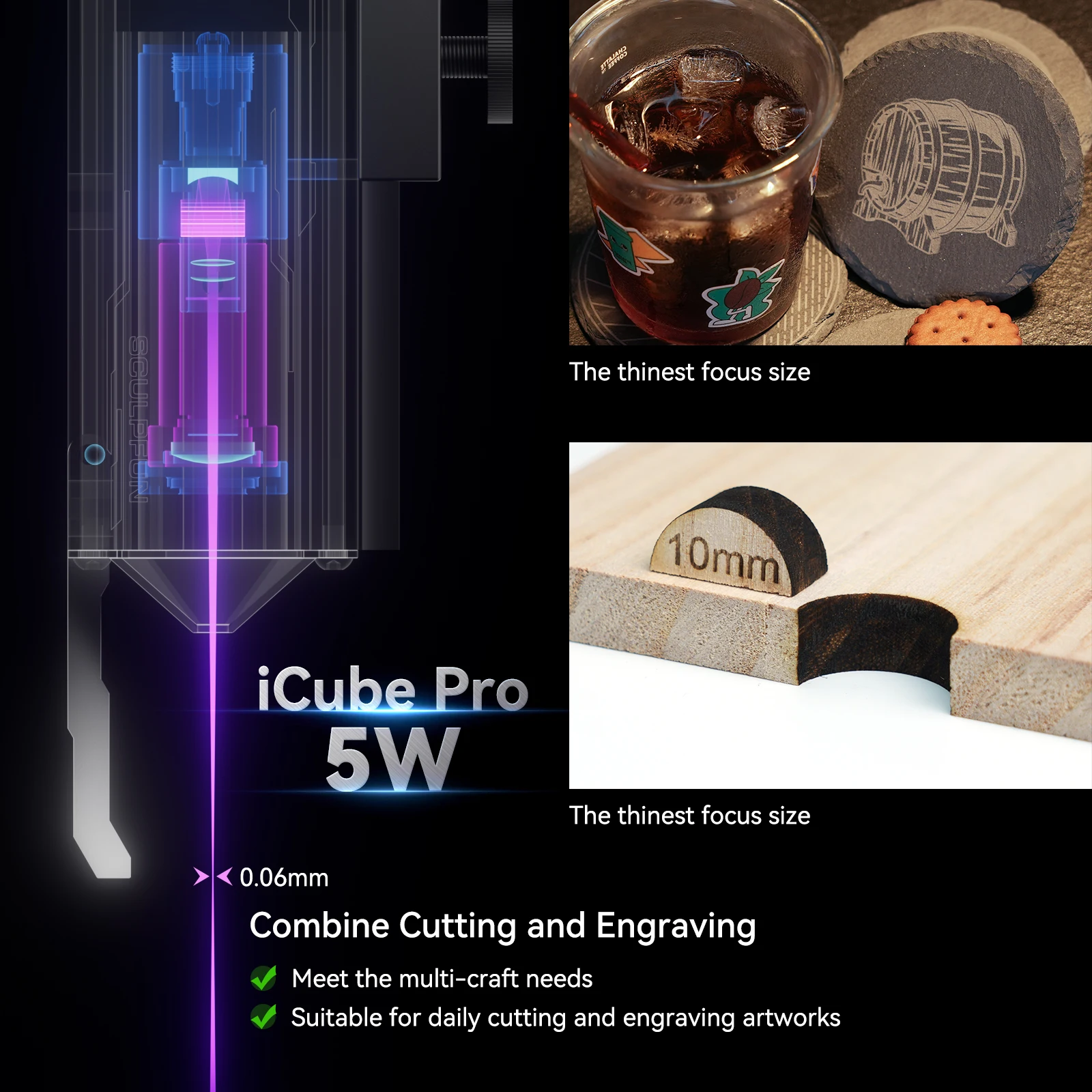 Sculpfun iCube Pro 5W เลเซอร์แกะสลักแบบพกพาเลเซอร์แกะสลักเครื่องกรองควัน Ultra Fine 0.06 มม.เลเซอร์จุด 130x130 มม.