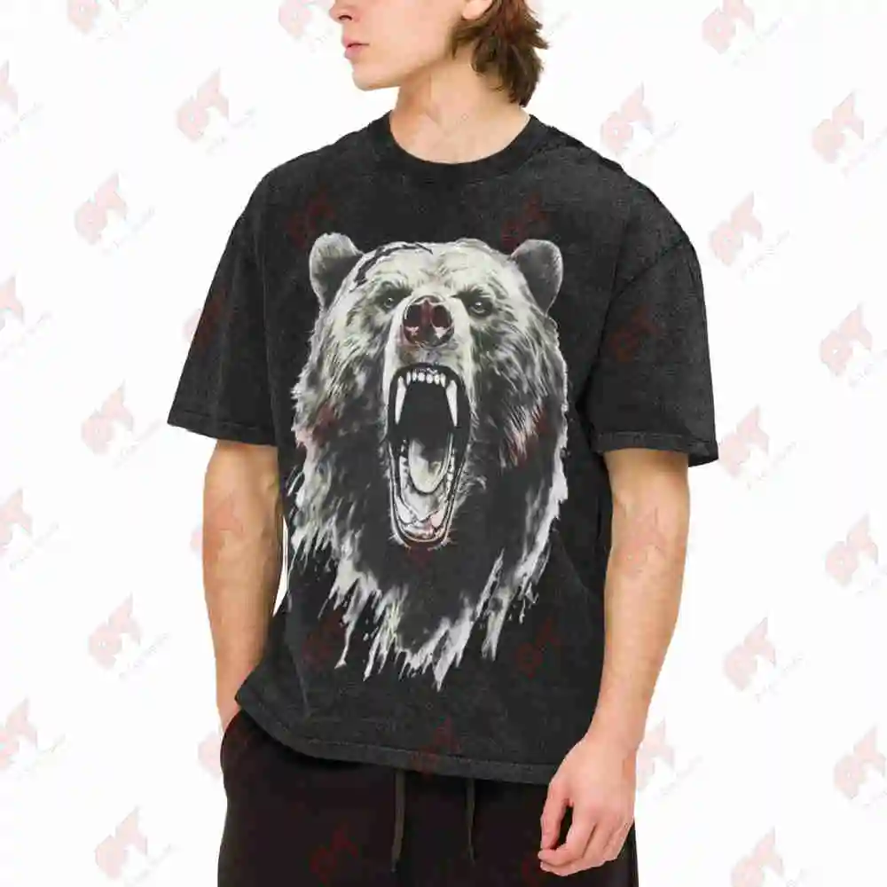 Heavyweight Angry Grizzly Bear Roaring Face Vintage Washed Tee Pure Cotton T-Shirt